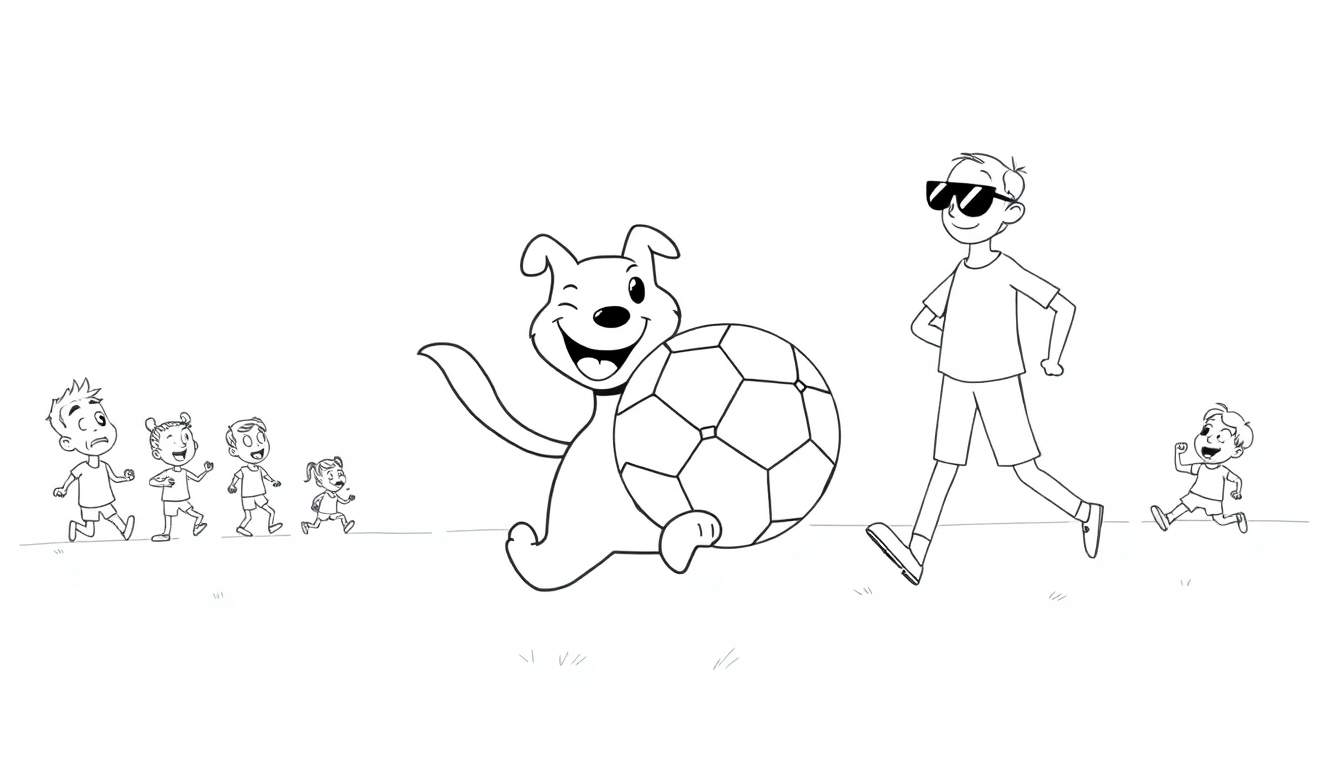 Dibujo lineal en blanco y negro de un perro guiñando un ojo con un balón de fútbol, un adolescente con gafas de sol y cuatro niños corriendo felices.