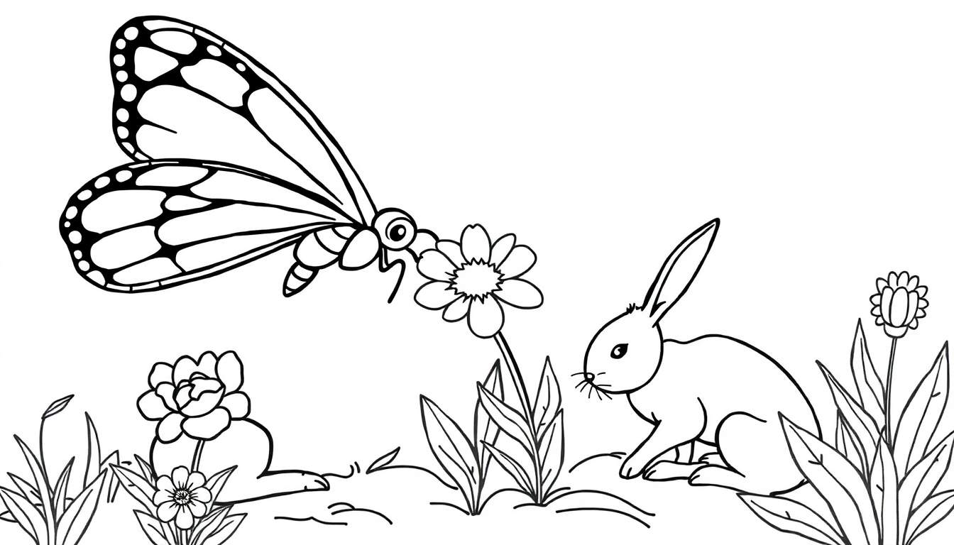 Página para colorear en blanco y negro de una mariposa sobre una flor y un conejo entre plantas.
