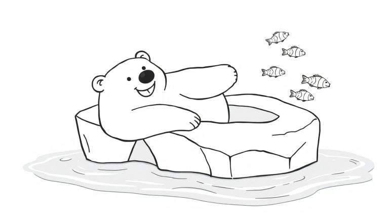 Página para colorear de un oso polar blanco sonriente sobre hielo con peces nadando alrededor.