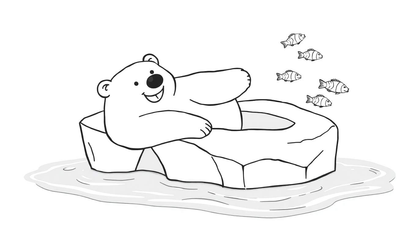 Página para colorear de un oso polar blanco sonriente sobre hielo con peces nadando alrededor.