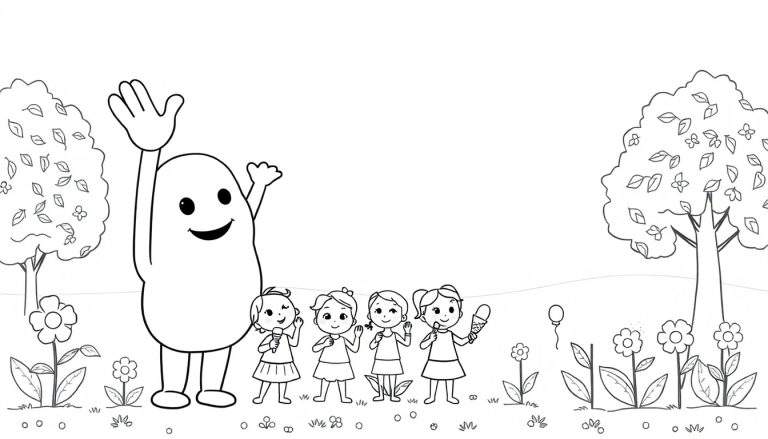 Dibujo para colorear de una patata sonriente saludando a cuatro niñas comiendo helado, con árboles, flores y un globo.