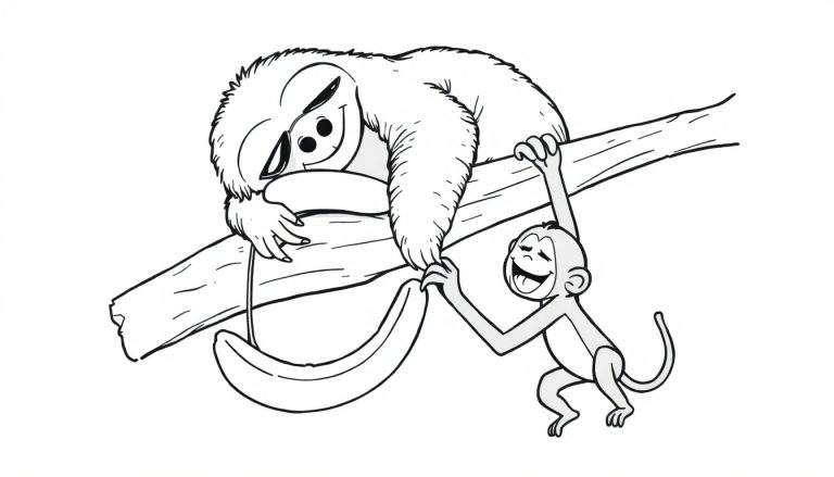 Página para colorear de un perezoso relajado y un mono con plátano colgando de una rama, ambos sonriendo.