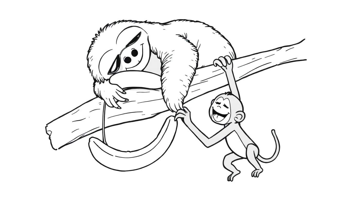 Página para colorear de un perezoso relajado y un mono con plátano colgando de una rama, ambos sonriendo.