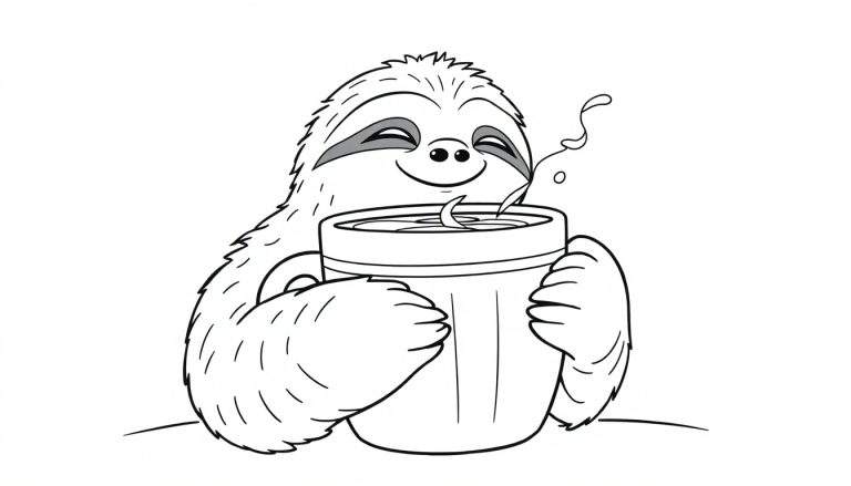 Dibujo para colorear de un perezoso feliz con los ojos cerrados, abrazando una taza grande que humea.