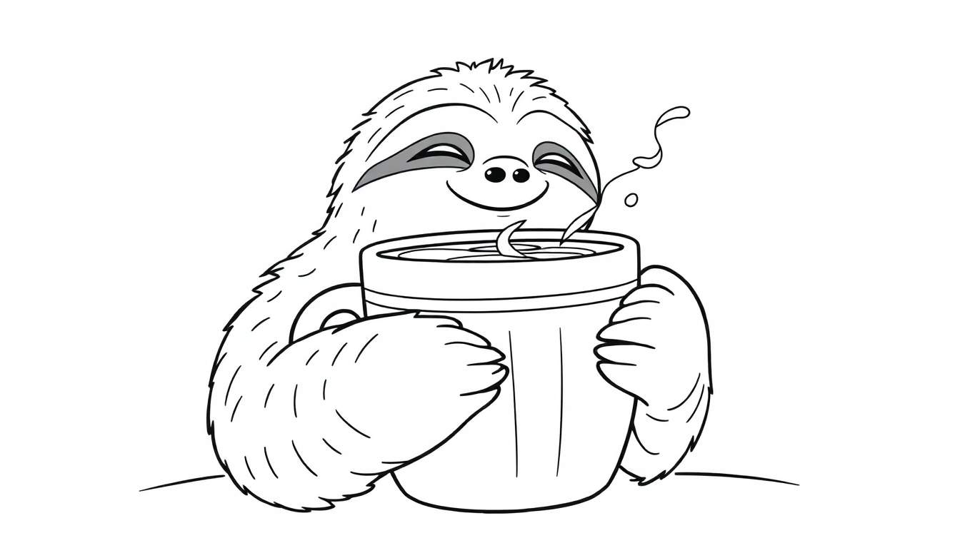 Dibujo para colorear de un perezoso feliz con los ojos cerrados, abrazando una taza grande que humea.