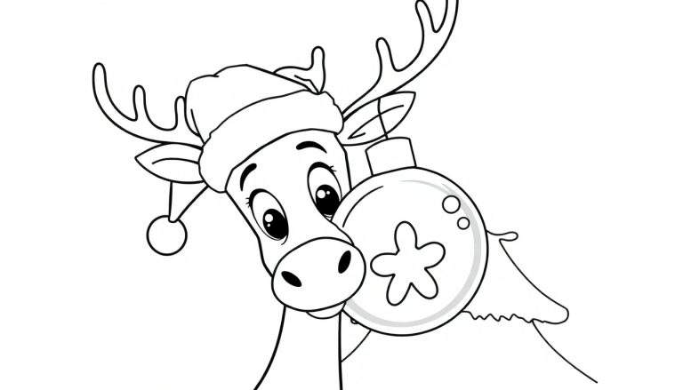 Dibujo lineal en blanco y negro de un reno joven con gorro de Papá Noel, sosteniendo una bola de Navidad redonda con decoración.