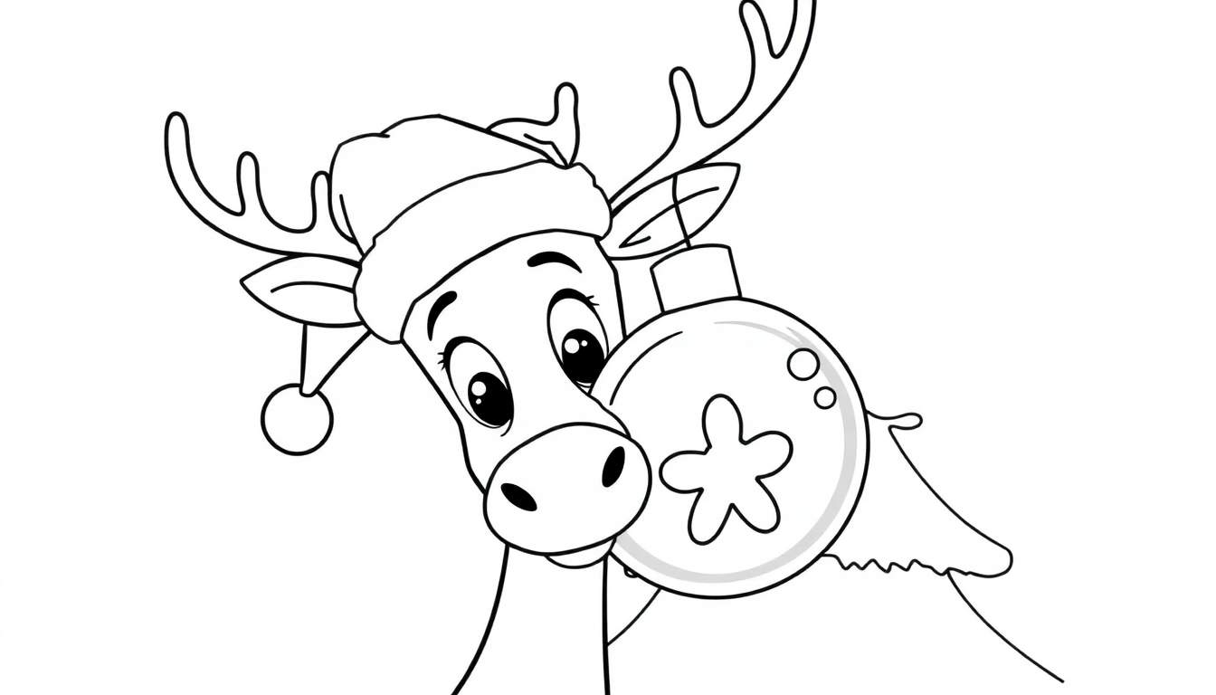 Dibujo lineal en blanco y negro de un reno joven con gorro de Papá Noel, sosteniendo una bola de Navidad redonda con decoración.