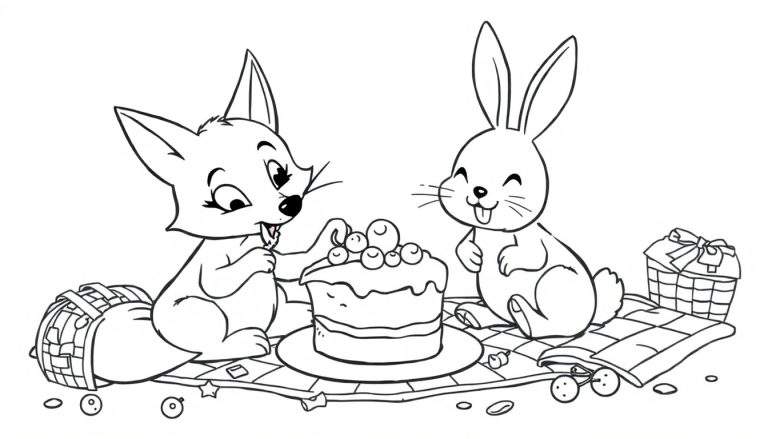 Página para colorear de un zorro y un conejo sentados en una manta de picnic comiendo pastel y dulces.
