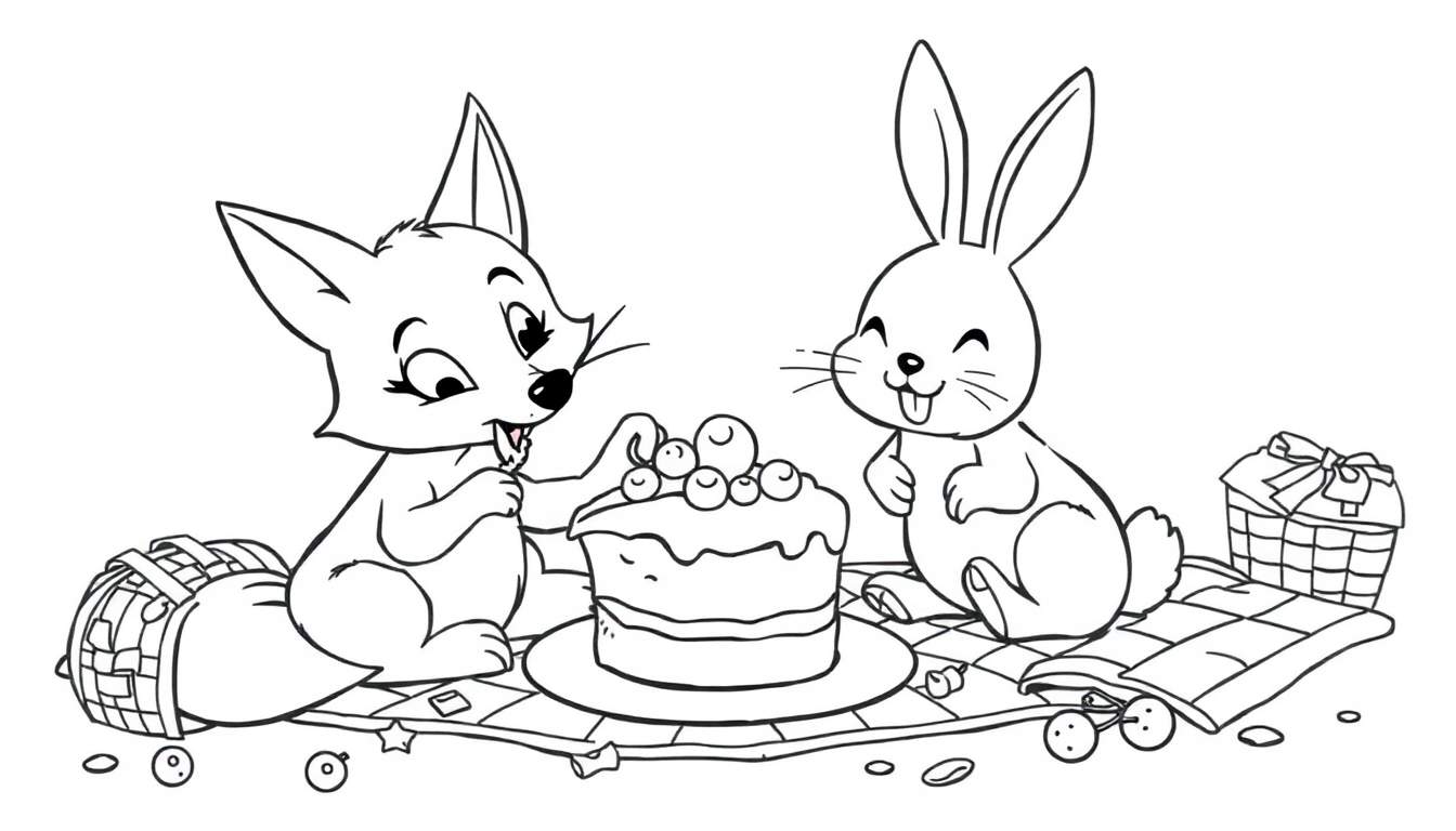 Página para colorear de un zorro y un conejo sentados en una manta de picnic comiendo pastel y dulces.