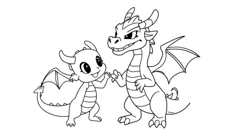Dibujo lineal para colorear de dos dragones dándose la mano, uno pequeño sonriendo a la izquierda y uno grande sonriendo con dientes a la derecha.