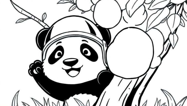 Un dibujo a blanco y negro de un panda sonriente con un casco en la cabeza, sentado junto a un árbol con hojas y ramas. El panda levanta una pata para saludar.