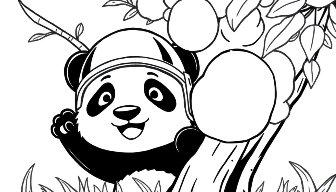 Un dibujo a blanco y negro de un panda sonriente con un casco en la cabeza, sentado junto a un árbol con hojas y ramas. El panda levanta una pata para saludar.