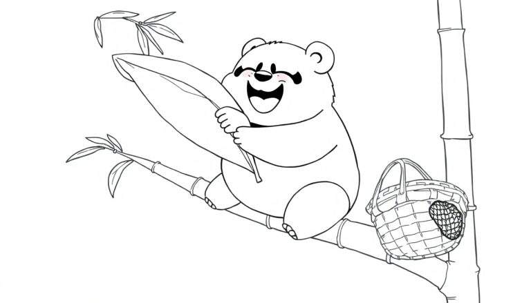 Dibujo lineal de un oso panda sonriente sentado en una rama de bambú, sosteniendo una hoja de bambú. Una cesta tejida cuelga de otra rama al lado.