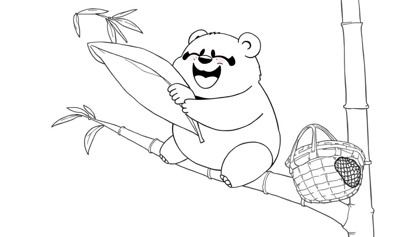 Dibujo lineal de un oso panda sonriente sentado en una rama de bambú, sosteniendo una hoja de bambú. Una cesta tejida cuelga de otra rama al lado.