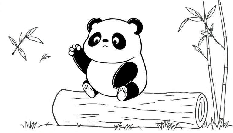 Dibujo a blanco y negro de un panda bebé saludando, rodeado de bambú, listo para colorear.