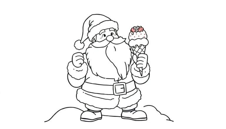 Dibujo para colorear de Papá Noel con un helado, con líneas gruesas.