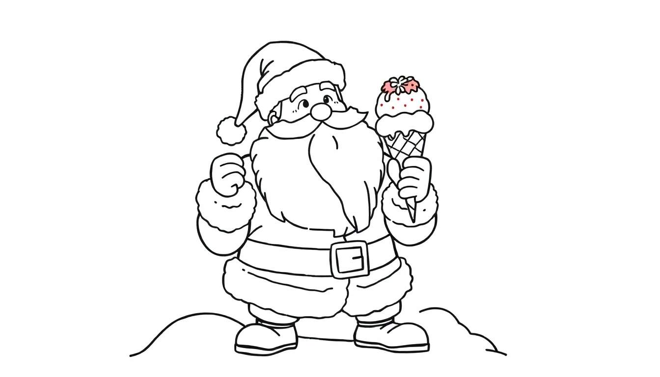 Dibujo para colorear de Papá Noel con un helado, con líneas gruesas.