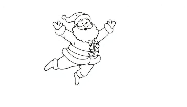 Dibujo para colorear de Papá Noel haciendo una acrobacia con los brazos extendidos, vestido con su traje rojo y blanco y gorro.