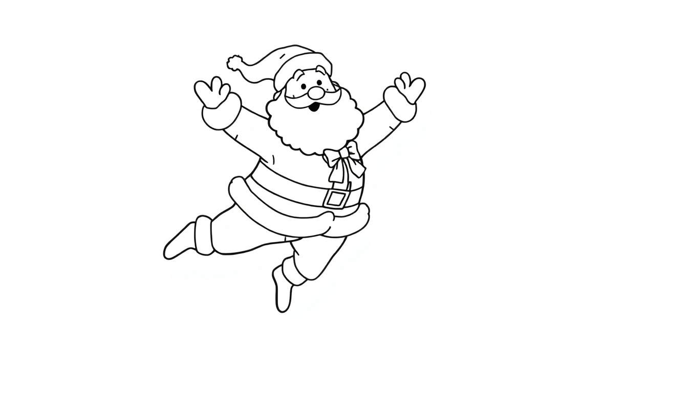 Dibujo para colorear de Papá Noel haciendo una acrobacia con los brazos extendidos, vestido con su traje rojo y blanco y gorro.