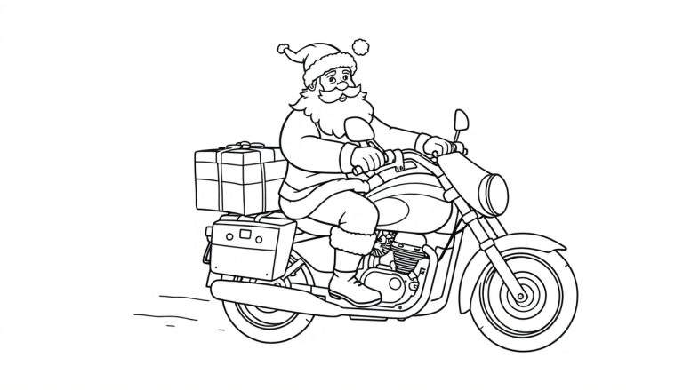 Dibujo para colorear de Santa Claus conduciendo una motocicleta con un casco de moto y la punta de su gorro asomando, con una caja de regalos en la parte trasera.
