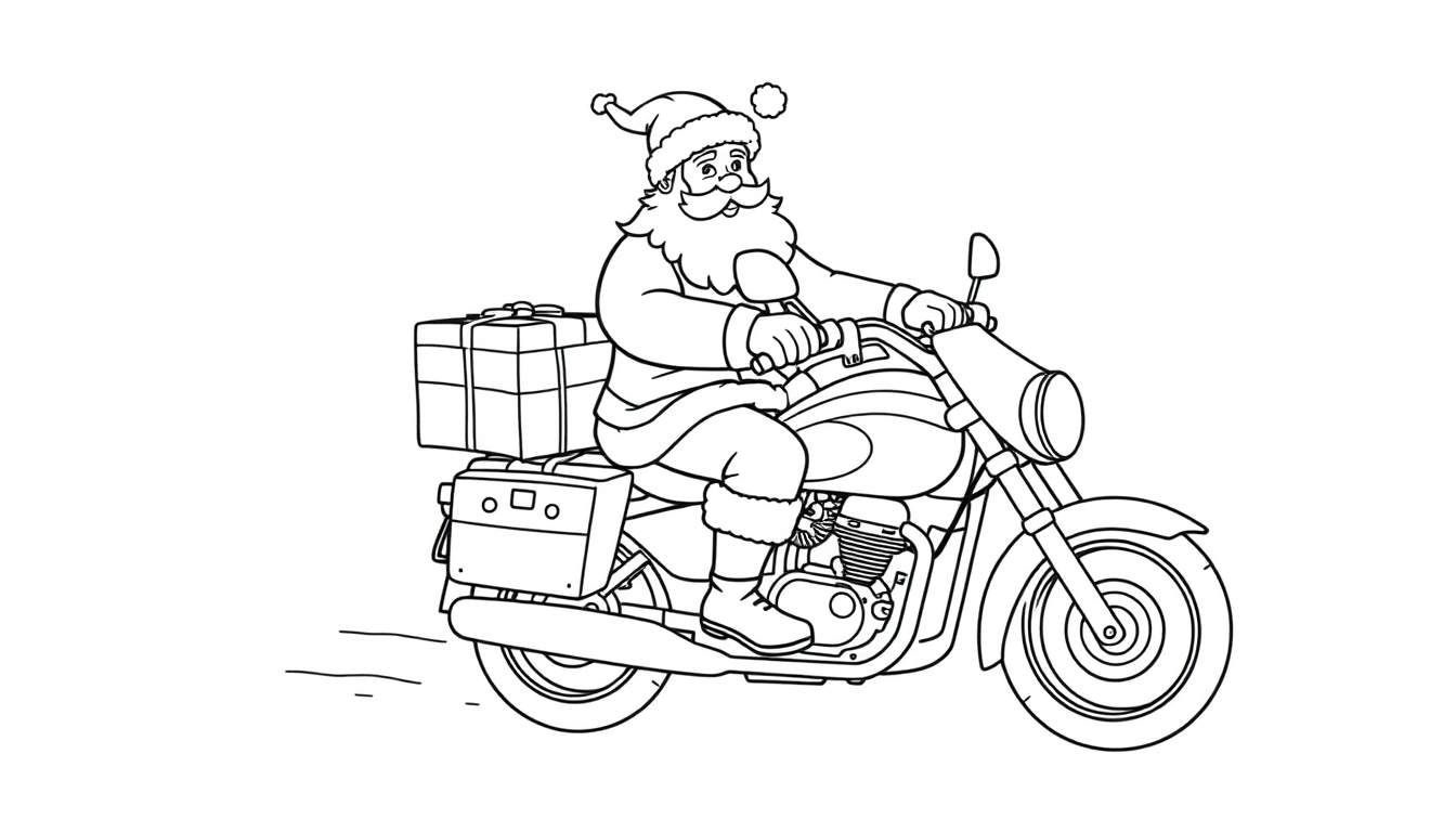 Dibujo para colorear de Santa Claus conduciendo una motocicleta con un casco de moto y la punta de su gorro asomando, con una caja de regalos en la parte trasera.