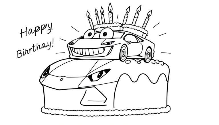 Dibujo para colorear de un pastel de cumpleaños con un coche de carreras feliz en la parte superior, rodeado de velas y decoraciones.