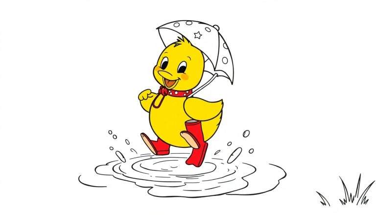 Patito de dibujos animados amarillo con botas rojas salpicando en un charco, sosteniendo un paraguas blanco con estrellas negras.