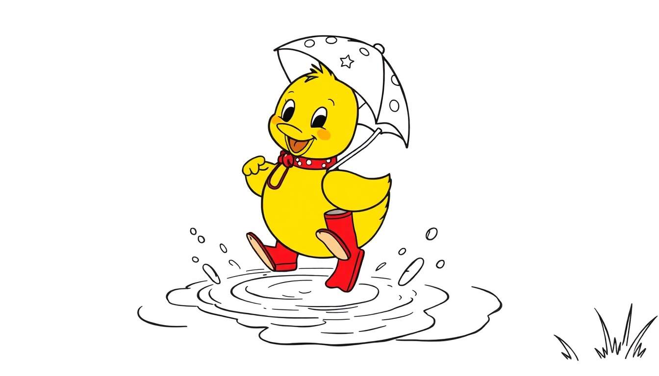 Patito de dibujos animados amarillo con botas rojas salpicando en un charco, sosteniendo un paraguas blanco con estrellas negras.