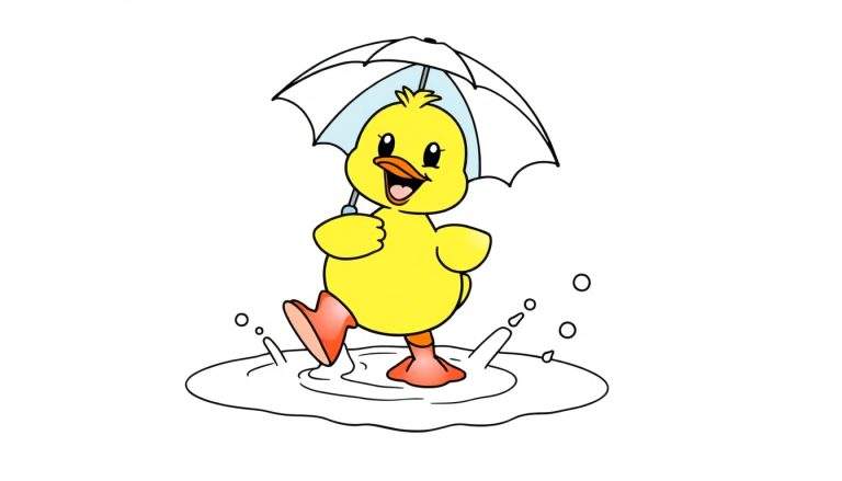 Dibujo animado de un patito amarillo feliz saltando en un charco con un paraguas blanco y botas de agua.