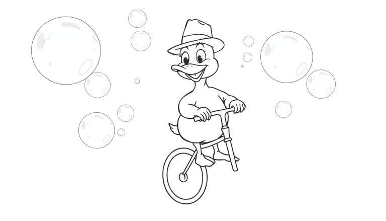 Dibujo a línea de un pato con sombrero andando en bicicleta rodeado de burbujas, listo para colorear.