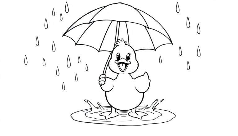 Página para colorear de un pato de dibujos animados con paraguas en un charco.
