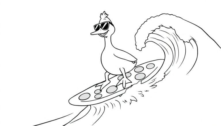 Página para colorear de un pato feliz con gafas de sol surfeando una ola en una tabla de surf.