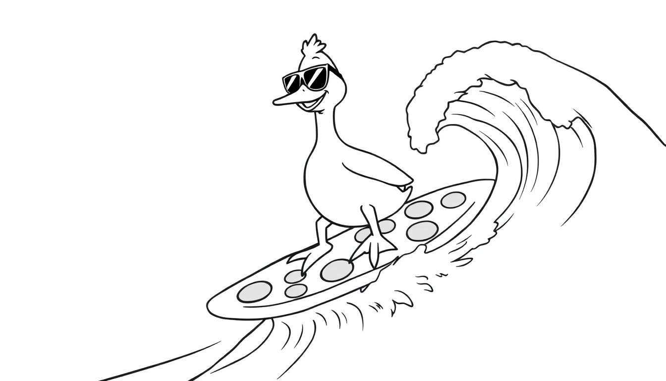 Página para colorear de un pato feliz con gafas de sol surfeando una ola en una tabla de surf.