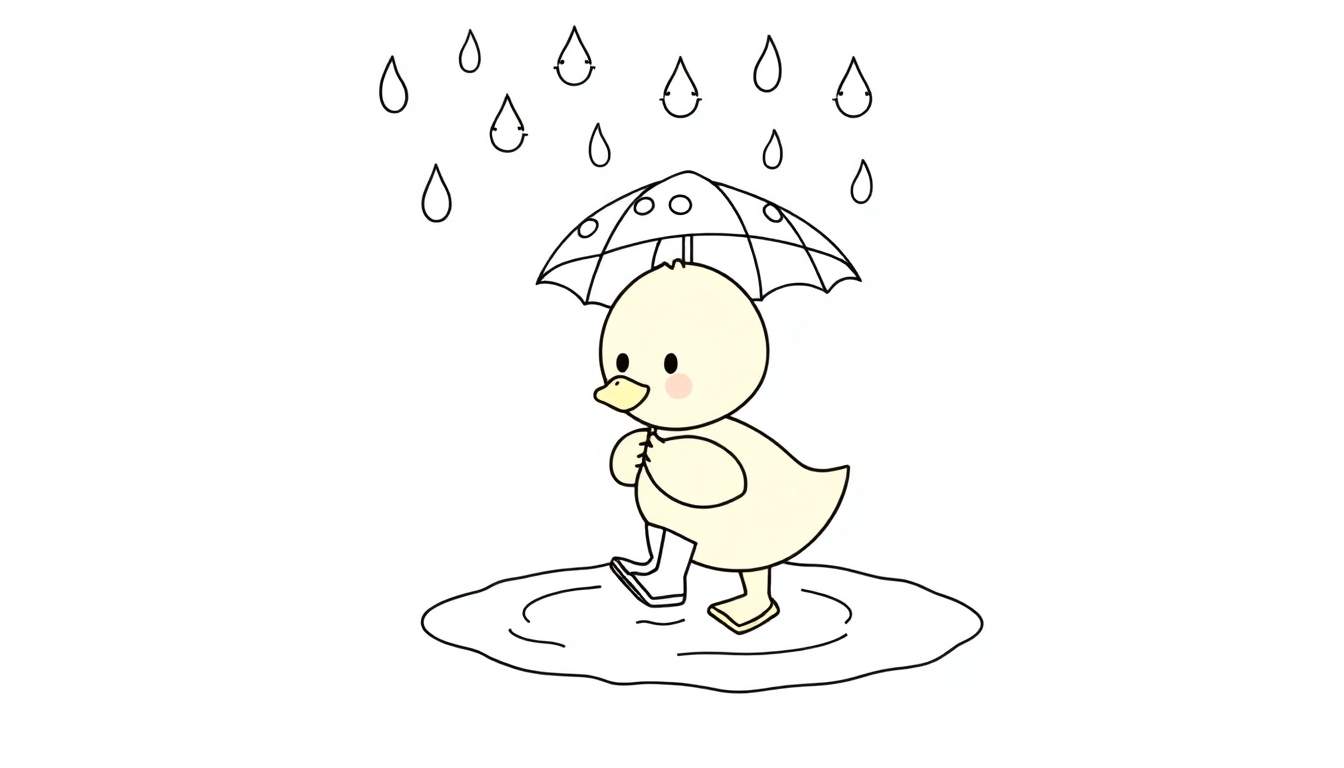 Página para colorear de un patito de caricatura con paraguas bajo la lluvia.