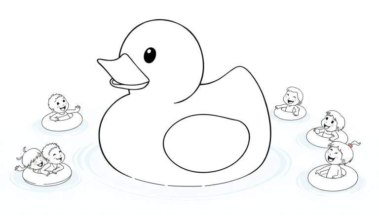Página para colorear de un gran pato de goma rodeado de niños felices en flotadores en el agua.