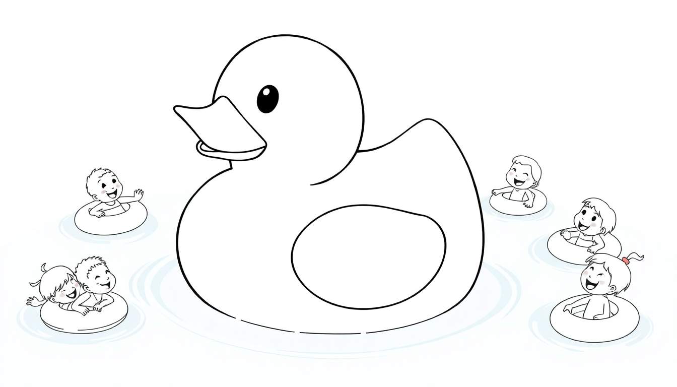 Página para colorear de un gran pato de goma rodeado de niños felices en flotadores en el agua.
