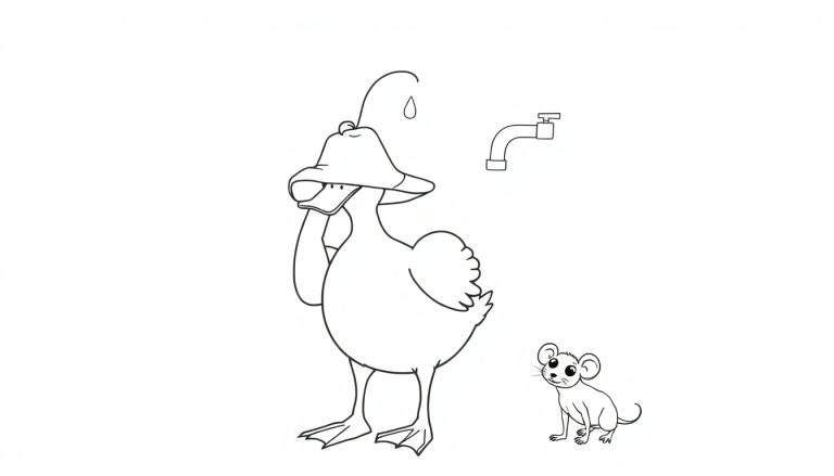 Ilustración para colorear de un pato con sombrero pensando, un ratón y un grifo goteando agua.