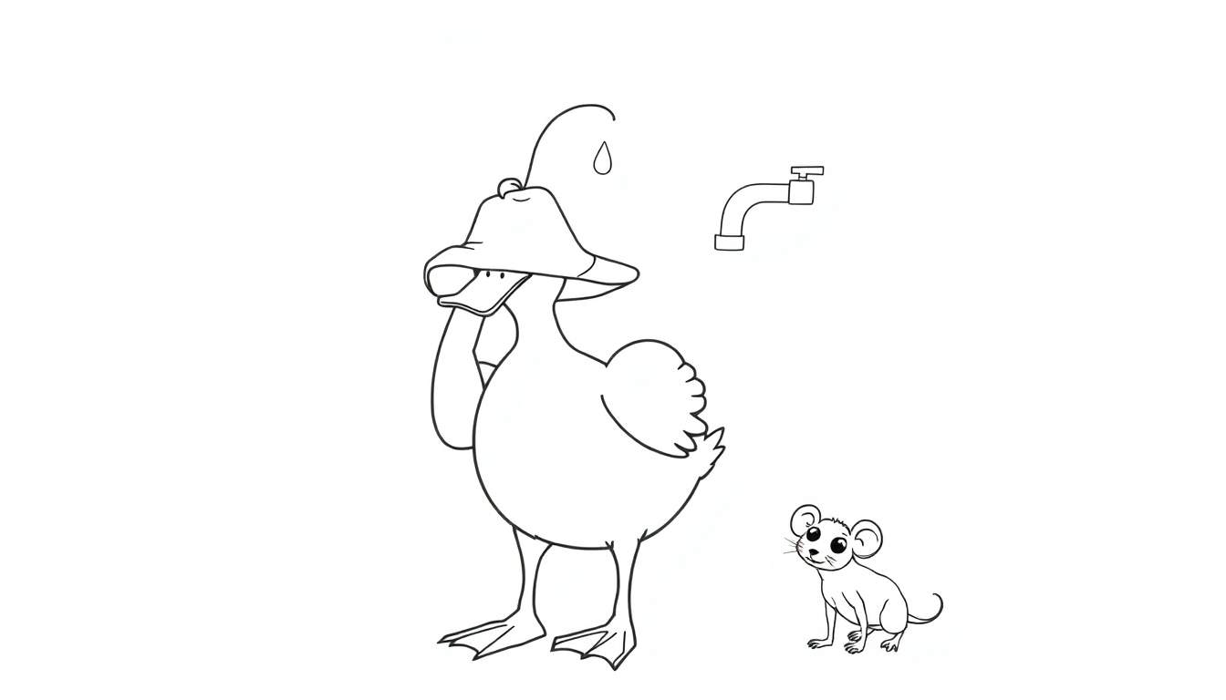 Ilustración para colorear de un pato con sombrero pensando, un ratón y un grifo goteando agua.