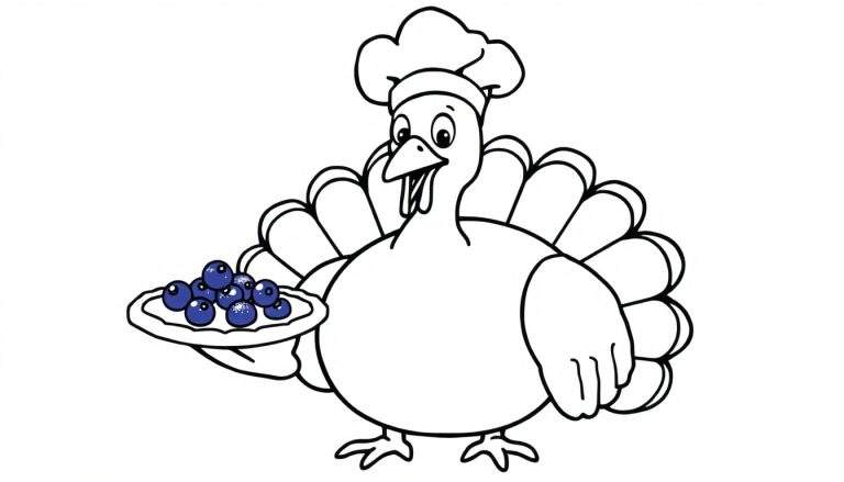 Dibujo lineal en blanco y negro de un pavo sonriente con un gorro de chef, sosteniendo un plato lleno de arándanos blancos y jugosos.