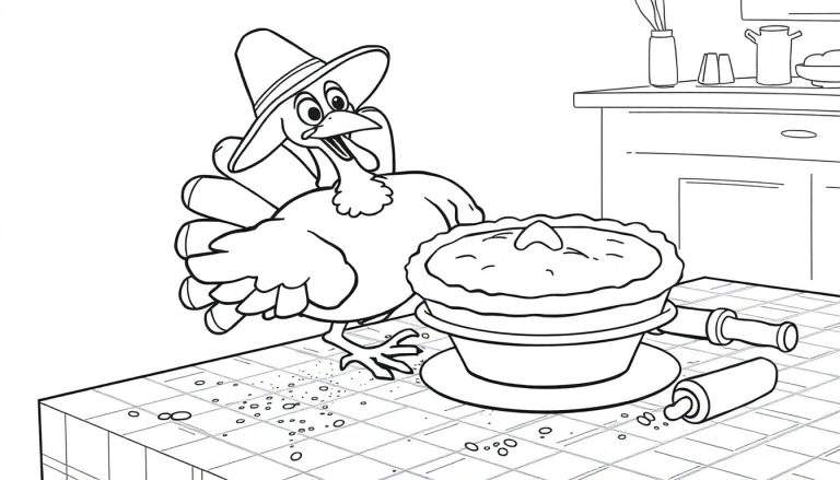 Dibujo en blanco y negro de un pavo con sombrero, un pastel y rodillos sobre una mesa a cuadros en una cocina, listo para colorear.