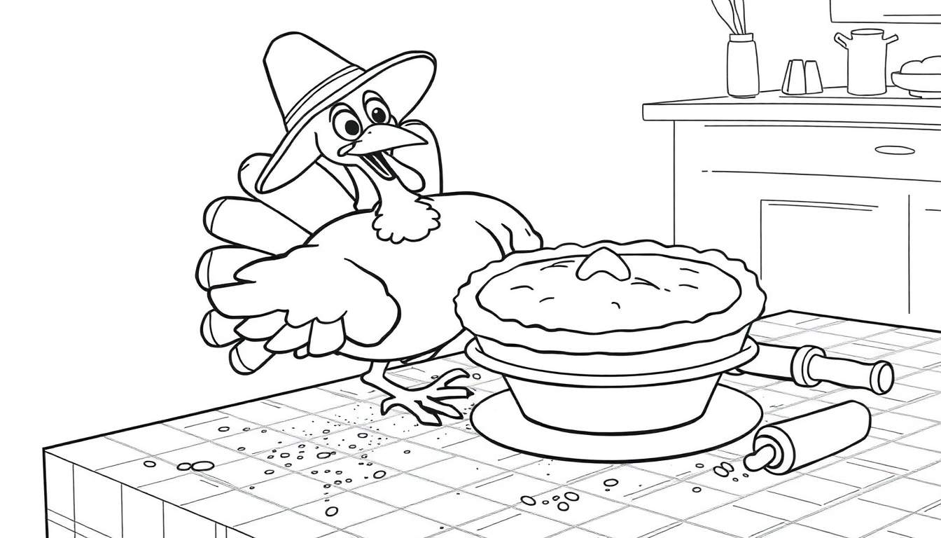 Dibujo en blanco y negro de un pavo con sombrero, un pastel y rodillos sobre una mesa a cuadros en una cocina, listo para colorear.