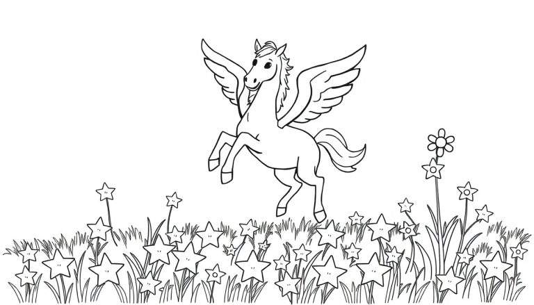 Imagen para colorear de un pegaso negro con alas extendidas saltando en el aire, sobre un campo de flores con forma de estrella de varios tamaños.