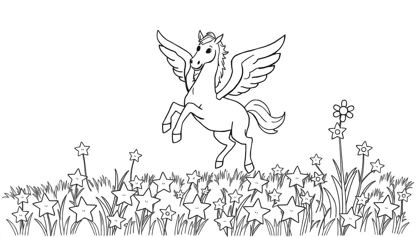 Imagen para colorear de un pegaso negro con alas extendidas saltando en el aire, sobre un campo de flores con forma de estrella de varios tamaños.