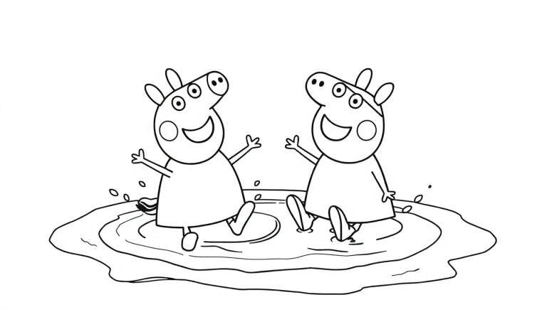 Dibujo para colorear de Peppa Pig y George saltando alegremente en un charco de agua, ambos sonriendo con los brazos levantados y salpicaduras de agua a su alrededor.