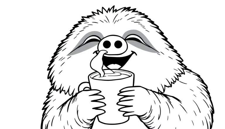 Ilustración para colorear de un perezoso sonriente con pelo despeinado, sosteniendo una taza de café de la que sale vapor.
