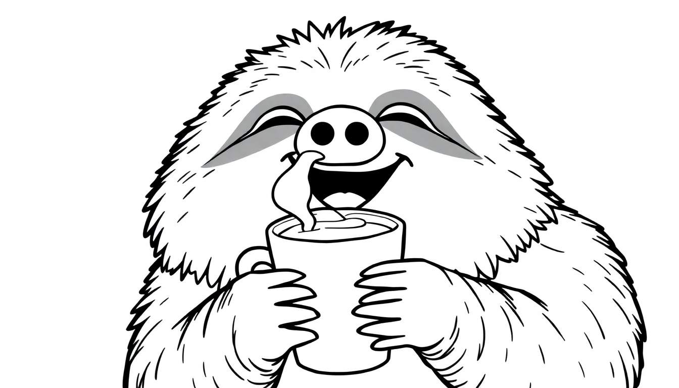 Ilustración para colorear de un perezoso sonriente con pelo despeinado, sosteniendo una taza de café de la que sale vapor.