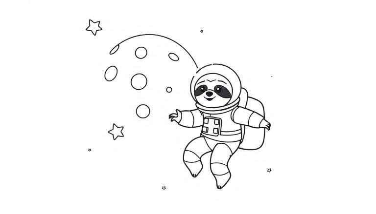 Dibujo lineal para colorear de un perezoso con traje de astronauta sonriendo y flotando en el espacio, rodeado de estrellas y círculos.