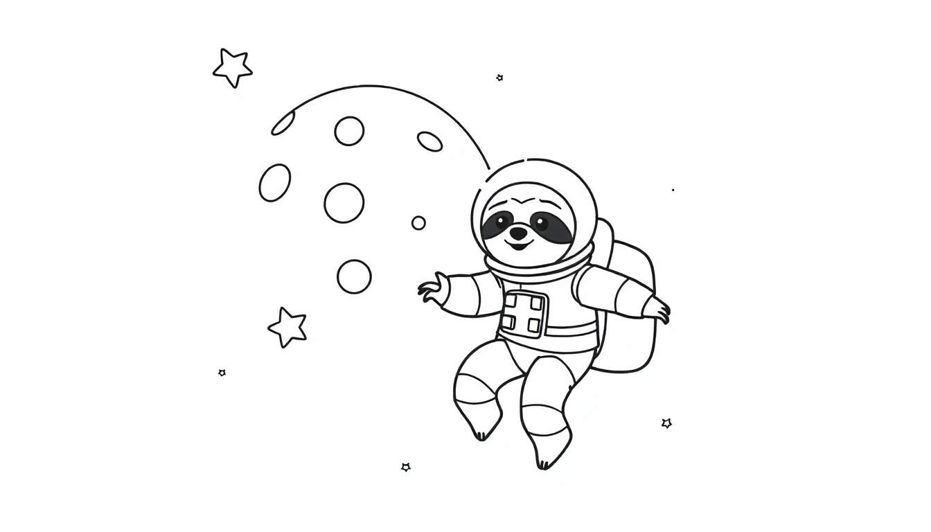 Dibujo lineal para colorear de un perezoso con traje de astronauta sonriendo y flotando en el espacio, rodeado de estrellas y círculos.