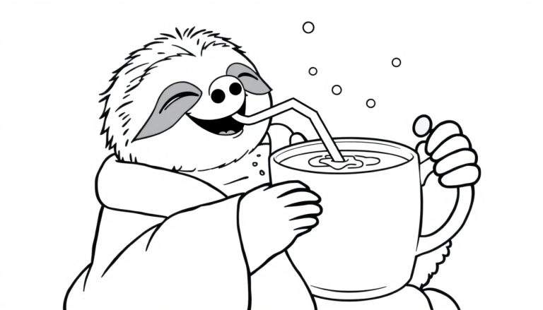 Dibujo a línea de un perezoso con los ojos cerrados, sonriendo mientras bebe una bebida caliente de una taza con pajita, envuelto en una manta.