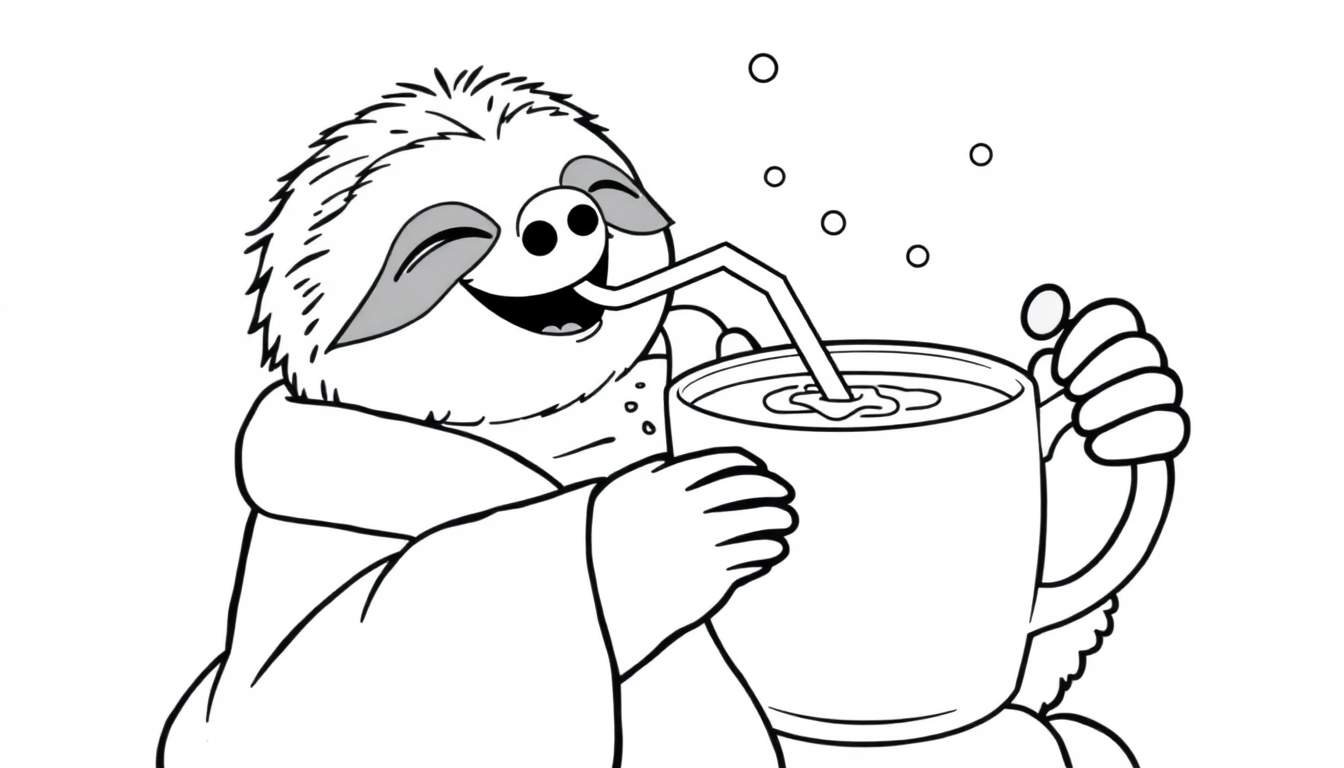 Dibujo a línea de un perezoso con los ojos cerrados, sonriendo mientras bebe una bebida caliente de una taza con pajita, envuelto en una manta.